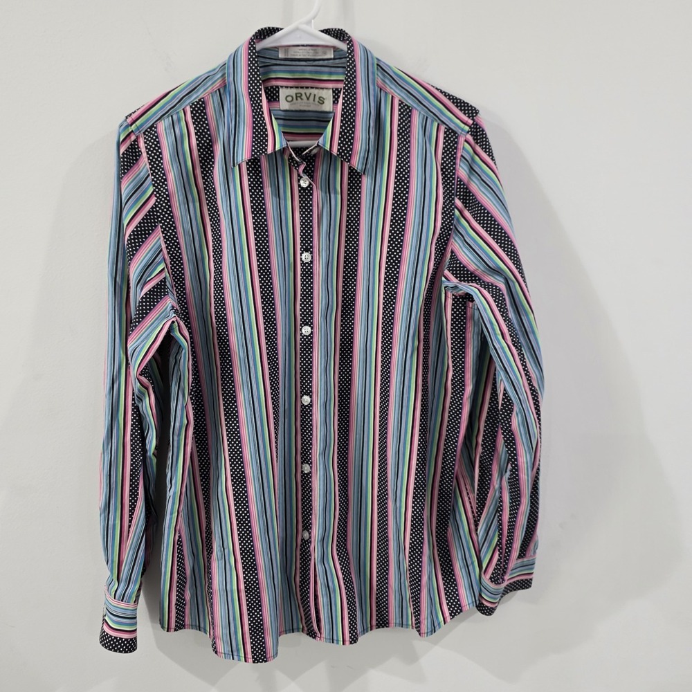 Vintage Orvis Womens Multicolor Button Up Top Size 14 Striped Polka Dot Colorful